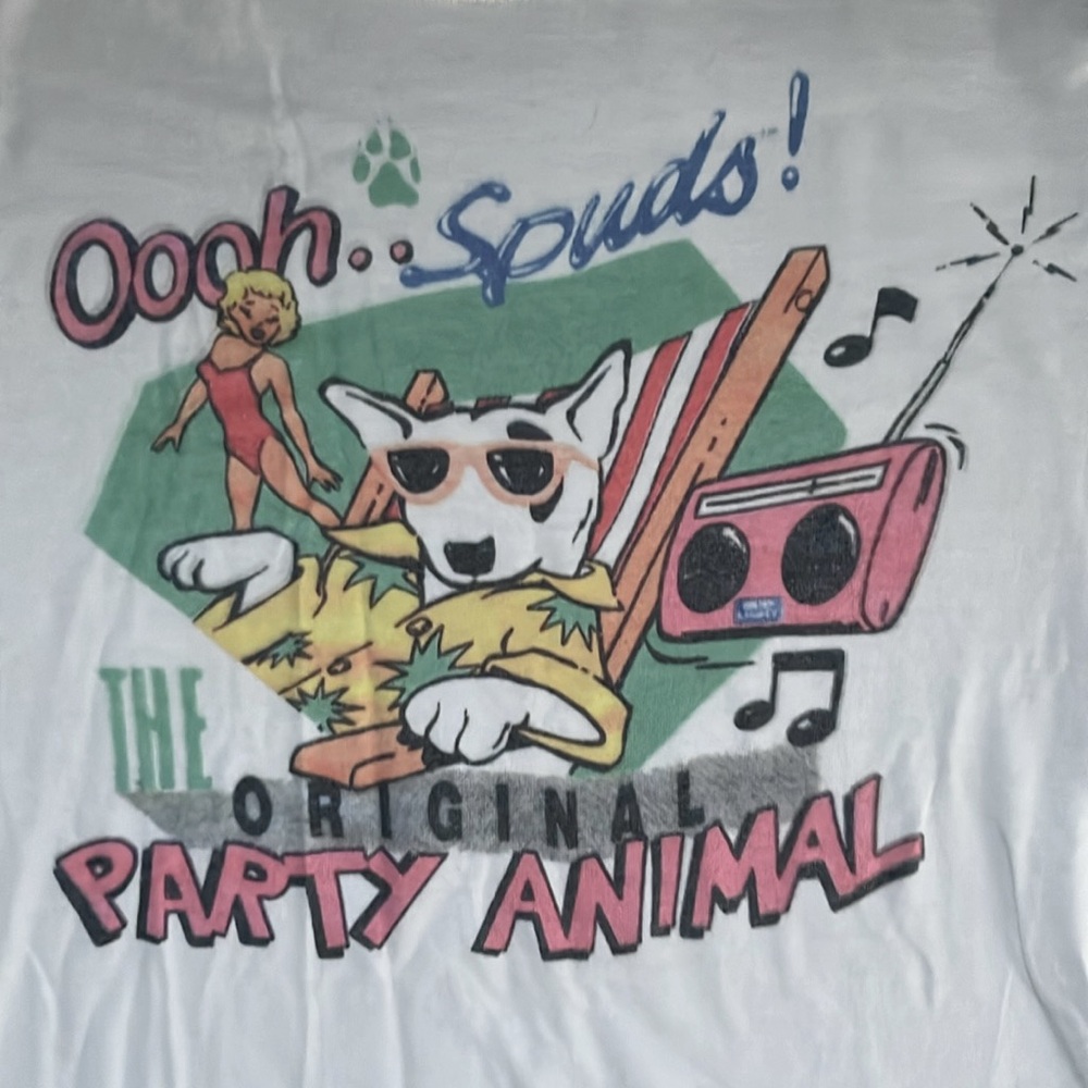 New: Ooh Spuds! They original party animal, spuds, McKenzie, large youth T-shirt
